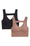 90 Degree By Reflex Bianca 2-pack V-neck Rib Seamless Bralettes In Mocha Latte-black