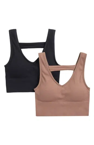90 Degree By Reflex Bianca 2-pack V-neck Rib Seamless Bralettes In Mocha Latte-black