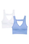 90 Degree By Reflex Bianca 2-pack V-neck Rib Seamless Bralettes In Persian Jewel/white