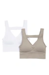 90 Degree By Reflex Bianca 2-pack V-neck Rib Seamless Bralettes In Satellite/white