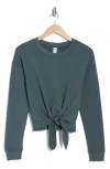 90 Degree By Reflex Brushed Terry Tie Hem Pullover In Sage
