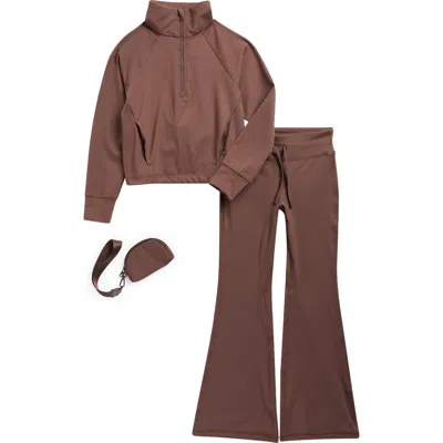 90 Degree By Reflex Kids' Half Zip Pullover, Flare Pants & Wristlet Set In Brown