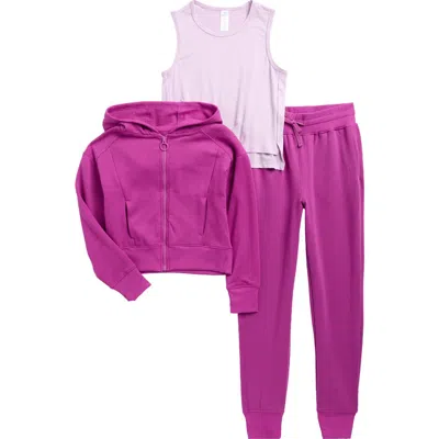 90 Degree By Reflex Kids' Josie Tank, Brushed French Terry Zip Hoodie & Joggers Set In Pink