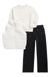 90 Degree By Reflex Kids' Puffer Vest, Sweatshirt & Sweatpants Set In White
