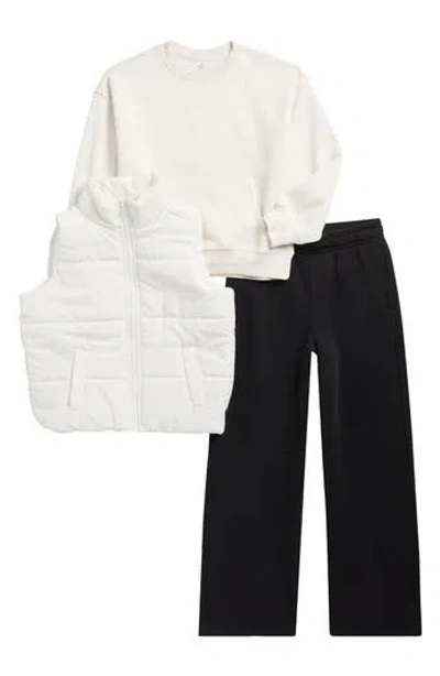 90 Degree By Reflex Kids' Puffer Vest, Sweatshirt & Sweatpants Set In White