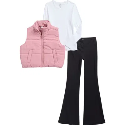 90 Degree By Reflex Kids' Quilted Vest, Long Sleeve Top & Flare Pants Set In Multi