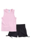 90 Degree By Reflex Kids' Rib Tank & Ruched Shorts Set In Pink Lavender/black