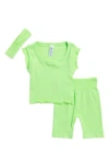 90 Degree By Reflex Kids' Ruffle Rib Top, Bike Shorts & Headband Set In Patina Green