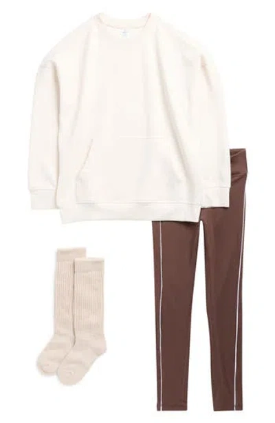 90 Degree By Reflex Kids' Sweatshirt, Leggings & Socks Set In Brown