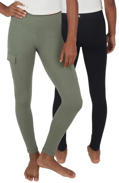 90 Degree By Reflex Kids' Two Pack Polarlux Cargo Pocket Leggings In Agave Green/black