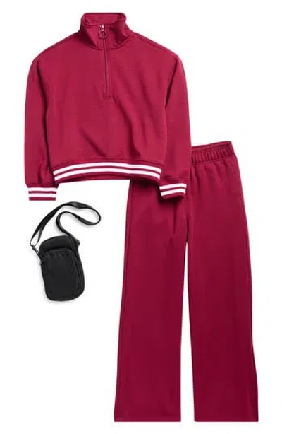 90 Degree By Reflex Kids' Varsity Pullover, Sweatpants & Crossbody Bag In Burgundy