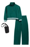 90 Degree By Reflex Kids' Varsity Pullover, Sweatpants & Crossbody Bag In Green