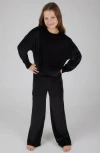 90 Degree By Reflex Kids' Velour Crew Pullover & Wide Leg Pants Set In Black