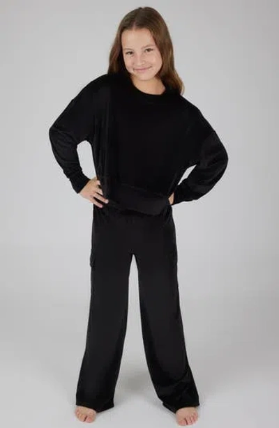 90 Degree By Reflex Kids' Velour Crew Pullover & Wide Leg Pants Set In Black