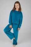 90 Degree By Reflex Kids' Velour Crew Pullover & Wide Leg Pants Set In Blue