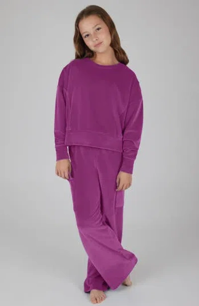 90 Degree By Reflex Kids' Velour Crew Pullover & Wide Leg Pants Set In Purple