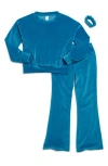 90 Degree By Reflex Kids' Velour Pullover, Flare Pants, & Scrunchie Set In Blue
