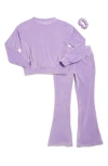 90 Degree By Reflex Kids' Velour Pullover, Flare Pants, & Scrunchie Set In Paisley Purple