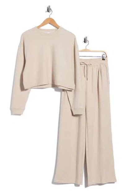 90 Degree By Reflex Marvelle Crewneck Sweatshirt & Wide Leg Pants Lounge Set In Neutral
