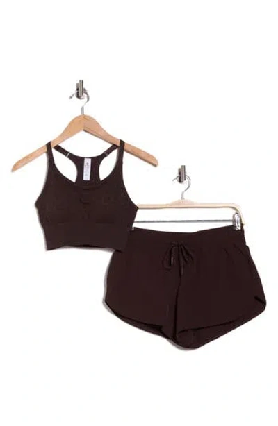 90 Degree By Reflex Safari Trail 2-pack Seamless Racerback Bralette & Shorts Set In Brown