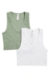 90 Degree By Reflex Seamless V-neck Rib Crop Tank In Green Bay/white