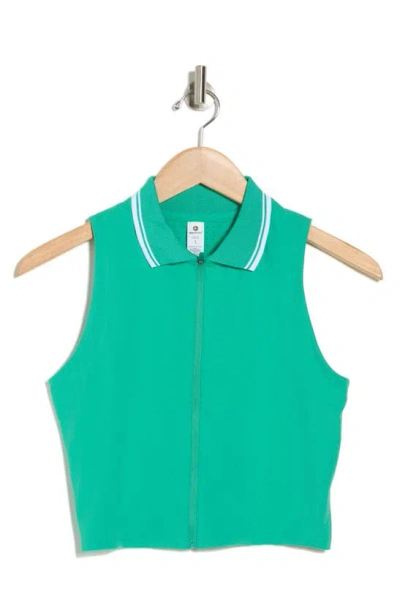 90 Degree By Reflex Sleeveless Zip-up Crop Polo In Emerald-white