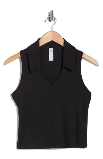 90 Degree By Reflex Wonderlink Ribbed Sleeveless Crop Polo In Black
