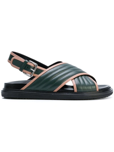 Marni Contrast Trim Ribbed Leather Sandals In Green And Nude In Green Multi