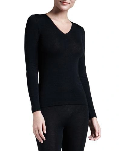 Hanro Long-sleeved Silk And Wool T-shirt In Black