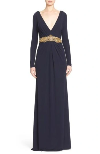 Badgley Mischka Couture Embellished Waist Plunging V-neck Jersey Gown In Navy