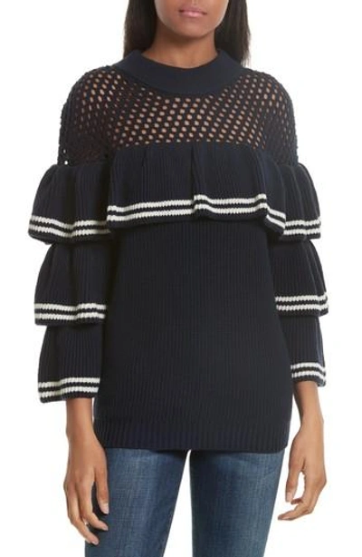 Self-portrait Striped Frill Long-sleeve Rib-knit Wool Sweater In Blu