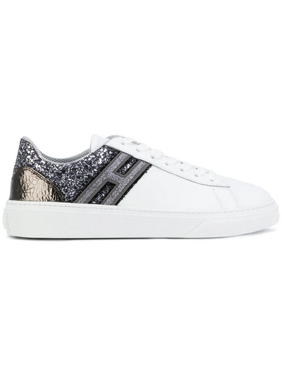 Hogan 20mm Leather & Glitter Sneakers In White/silver