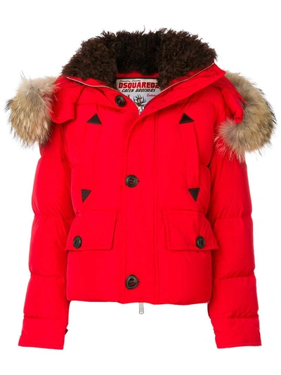 Dsquared2 Hooded Nylon Down Bomber Jacket W/ Fur In Rosso