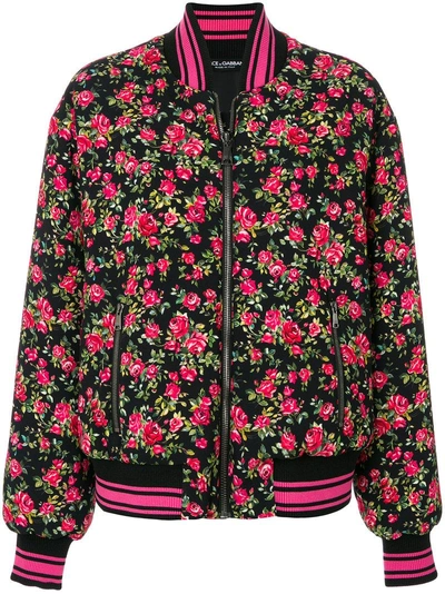 Dolce & Gabbana Floral-printed Bomber Jacket In Black