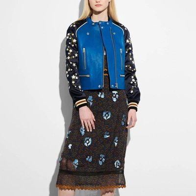 Coach Cityscrape Embroidered Leather And Satin Jacket In Slate