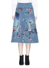 ALICE AND OLIVIA 'Libbie' bird and flower embellished A-line denim midi skirt