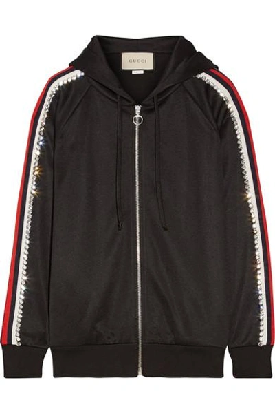 Gucci Swarovski Crystal-embellished Striped Tech-jersey Hoodie In Black