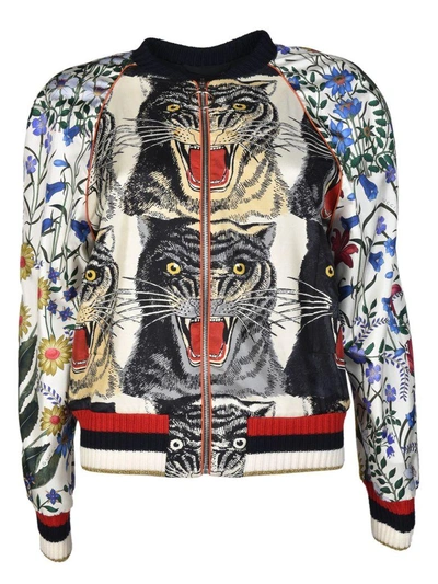 Gucci Appliquéd Printed Silk-twill Bomber Jacket In Nude&neutrals