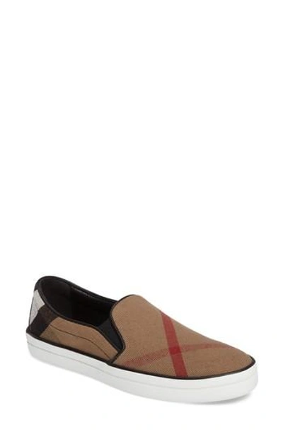 Burberry Gauden Check Leather-trimmed Slip-on Sneakers In Khaki