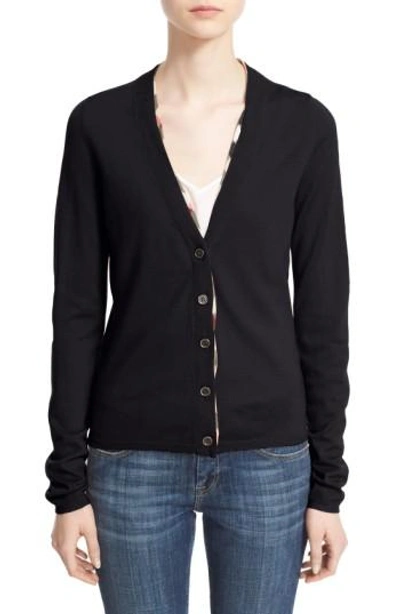 Burberry Check Trim Wool Cardigan In Black