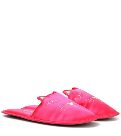 Charlotte Olympia House Cats Satin Slippers In Pink