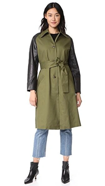 Veda Woman Leather-paneled Cotton-twill Trench Coat Army Green In Army/black