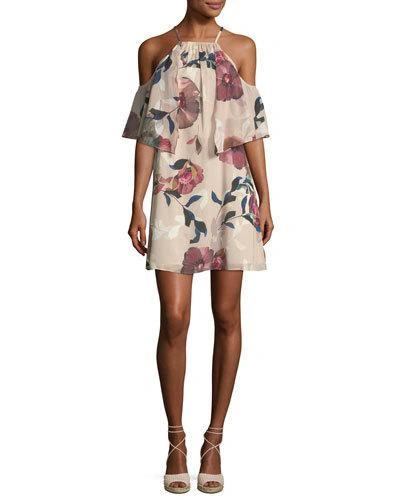 Trina Turk Seraphima Cold-shoulder Floral-print Shift Dress In Beige