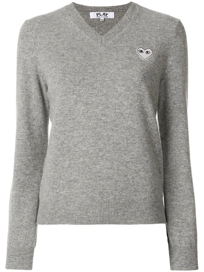 Comme Des Garçons Play Grey Heart Patch V-neck Sweater In Light Grey
