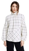 Tibi Mock-neck Pouf-sleeve Check Wool-blend Top In Ivory/black Multi