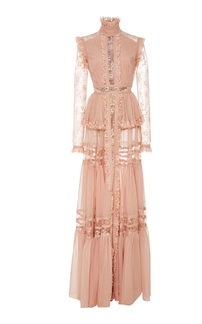 Elie Saab High-neck Lace-insert Georgette Gown In Pink