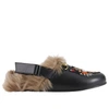 GUCCI SHOES SLIPPER RIVER IN SMOOTH CALFSKIN AND FUR WITH CLASSIC HORSEBIT AND ANGRY CAT PATCH,473494 DS910