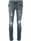 DOLCE & GABBANA DOLCE & GABBANA BUTTON EMBELLISHED AND BROCADE APPLIQUÉ DISTRESSED JEANS - BLUE,FTAH7ZG882C12371142