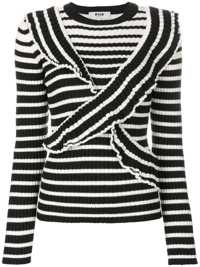 Msgm Ruffle Front Striped Rib-knit Sweater In Black Multi