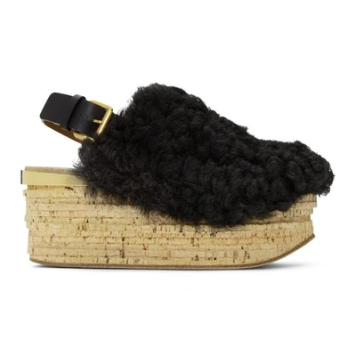 Chloé Camille Leather-trimmed Shearling Platform Slingback Sandals In Black